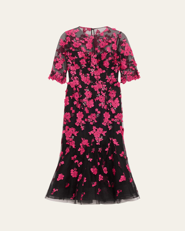 Beaded Floral-Embroidered Trumpet Midi Dress